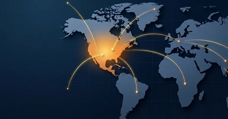 World map highlighting the United States with golden arrows showing export routes to South America, Europe, Asia, Africa, and Australia